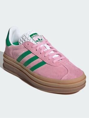 adidas Pink Suede Gazelle Sneakers with Green Stripes